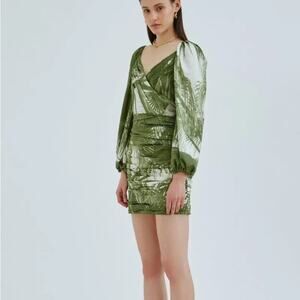 NWT Garota Soraye olive dress size large ruched palm leaf’s puffed sleeves mini